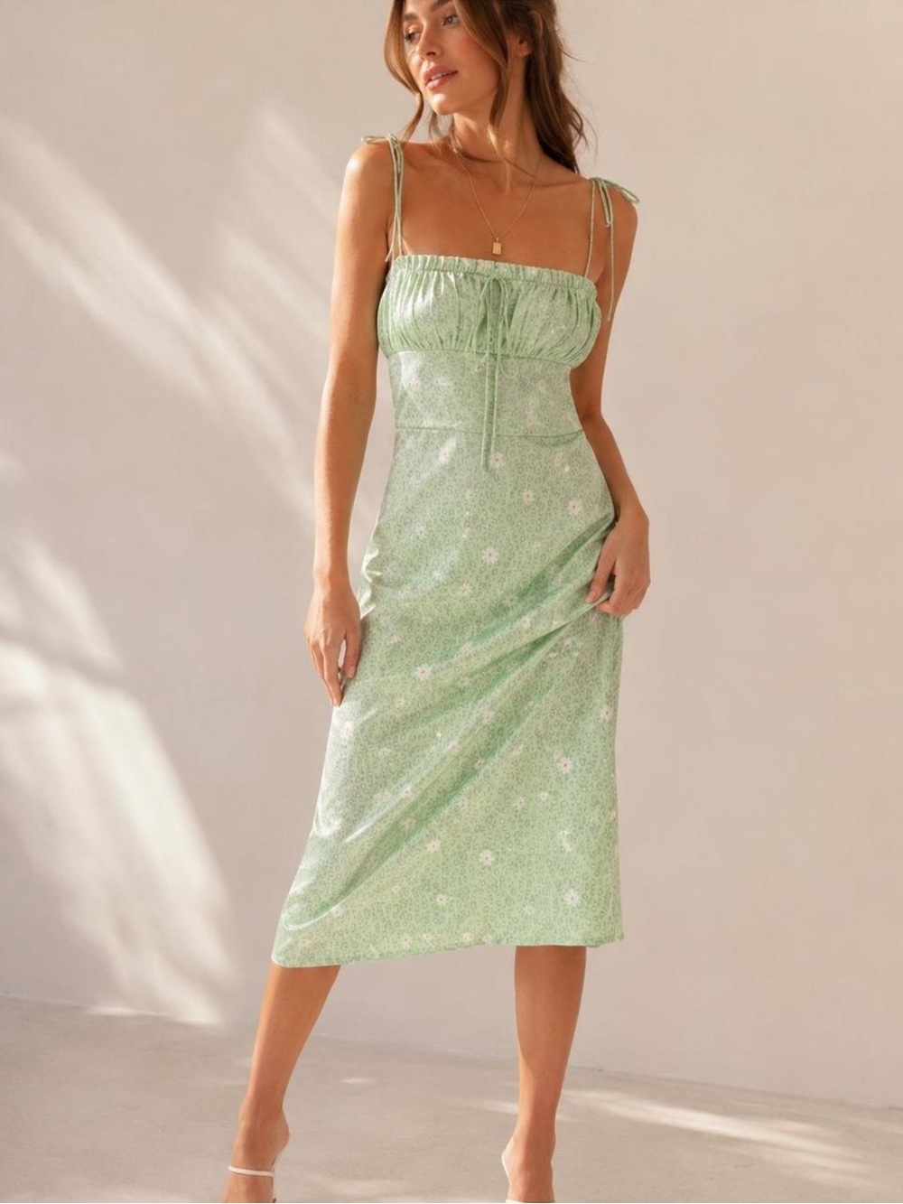 For love & lemons mint daisy floral leopard midi silky dress tie straps …